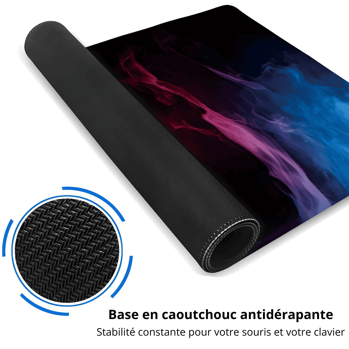 Tapis de souris ergonomique avec surface colorée et base en caoutchouc antidérapant, gros plan sur la texture visible en médaillon