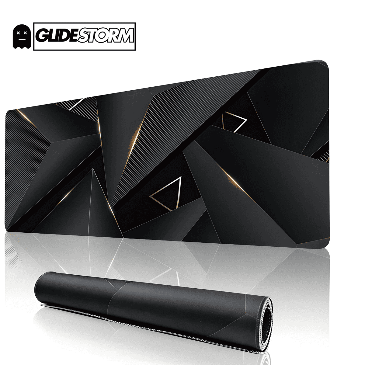 Tapis de souris long noir avec motifs géométriques dorés et effet 3D, idéal pour espace de travail ergonomique ou bureau moderne