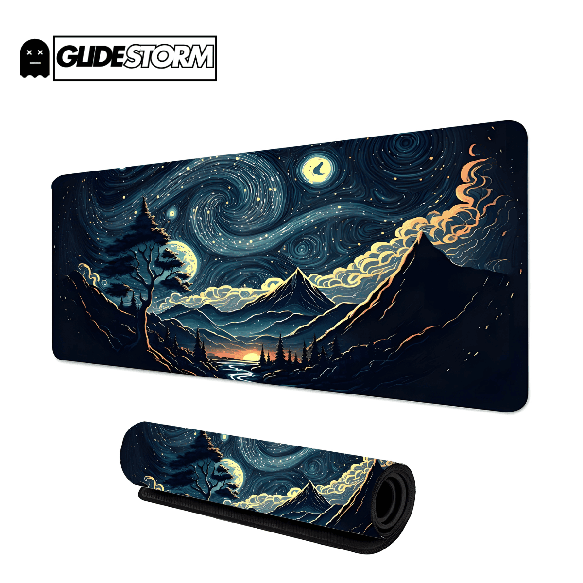 Tapis de souris Gaming avec paysage nocturne montagneux et ciel étoilé tourbillonnant, idéal pour un bureau gamer créatif et stylé