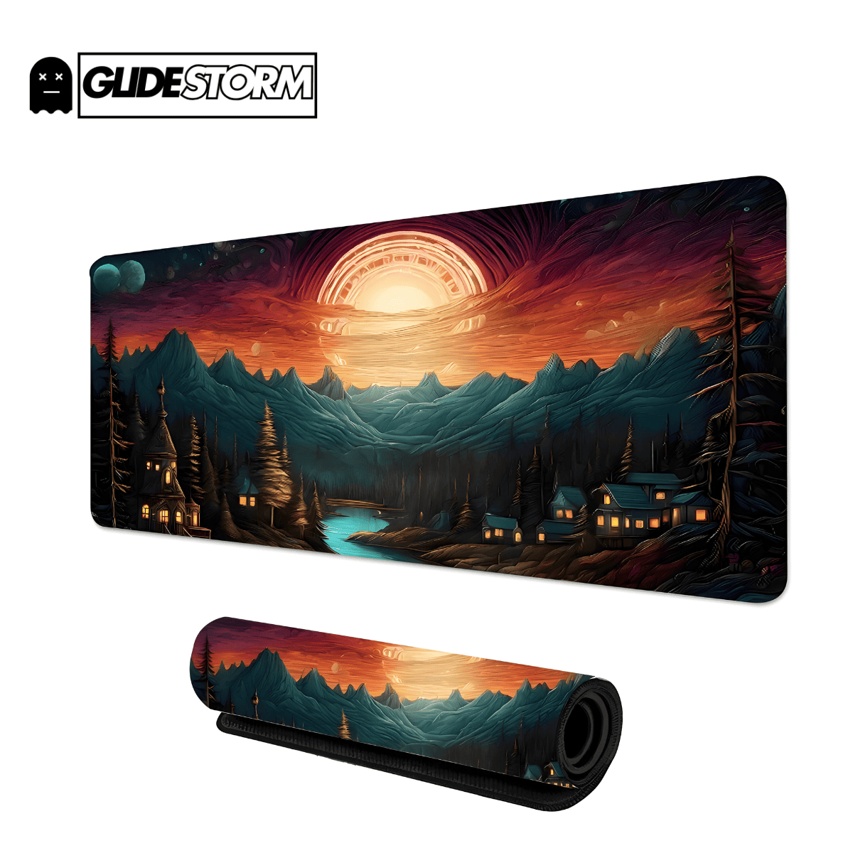 Tapis de souris Gaming décor paysage montagneux crépusculaire aux couleurs vives et ciel lumineux, parfait pour une ambiance immersive gamer