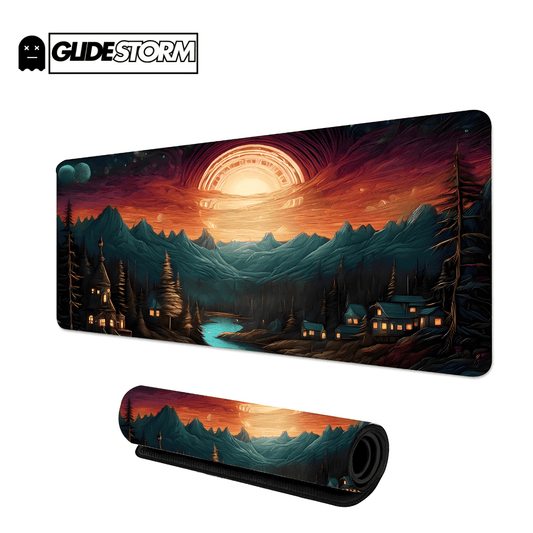 Tapis de souris Gaming décor paysage montagneux crépusculaire aux couleurs vives et ciel lumineux, parfait pour une ambiance immersive gamer