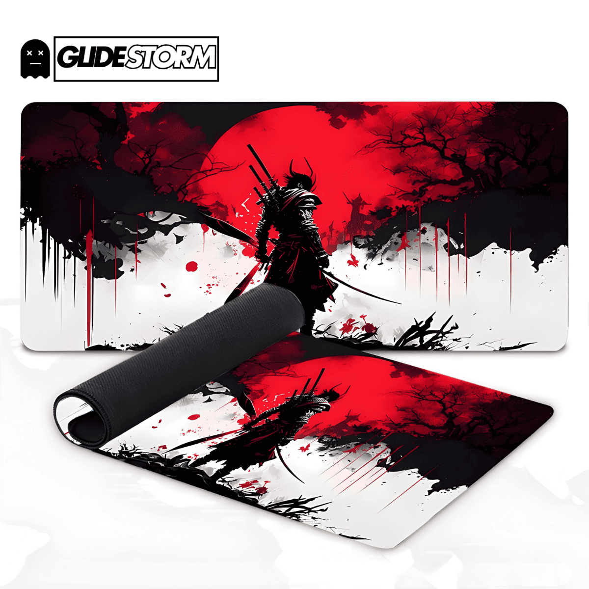 Tapis de souris Glorious Gaming décor samouraï sombre, soleil rouge éclatant, design agressif parfait pour setup gamer et e-sport