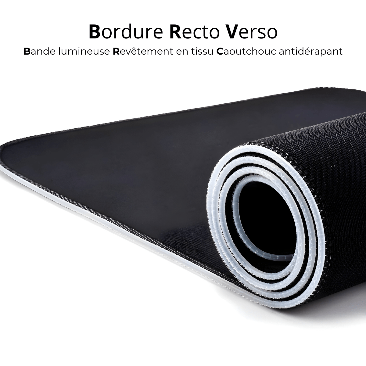 tapis de souris RGB noir roulé avec revêtement en tissu, base en caoutchouc antidérapante et bordure lumineuse visible