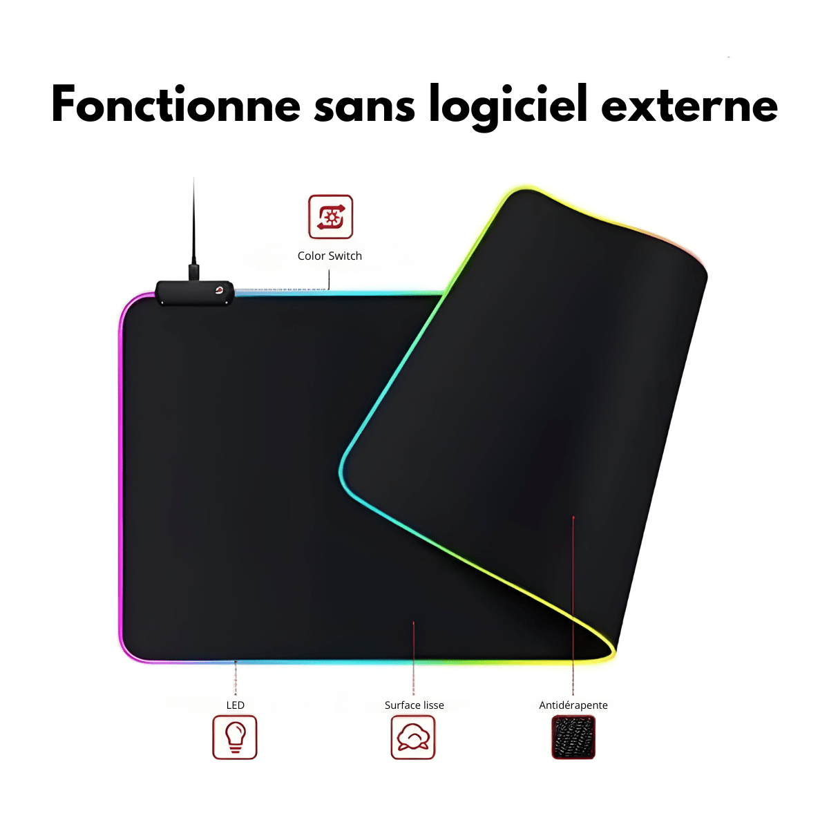 Tapis de souris RGB noir avec rétroéclairage arc-en-ciel, bouton color switch, surface lisse, base antidérapante et câble USB