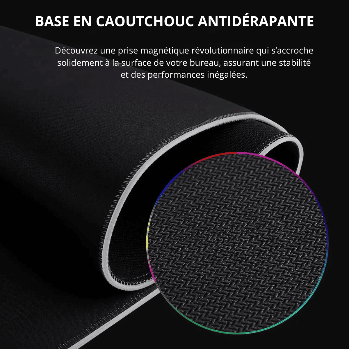 tapis de souris RGB noir avec base en caoutchouc antidérapante texturée et bords cousus visibles en gros plan