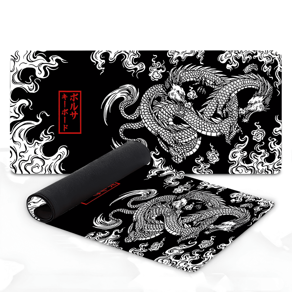 Tapis de souris dragon Mugen au style japonais, illustration monochrome avec dragon en mouvement et motifs de flammes traditionnels.