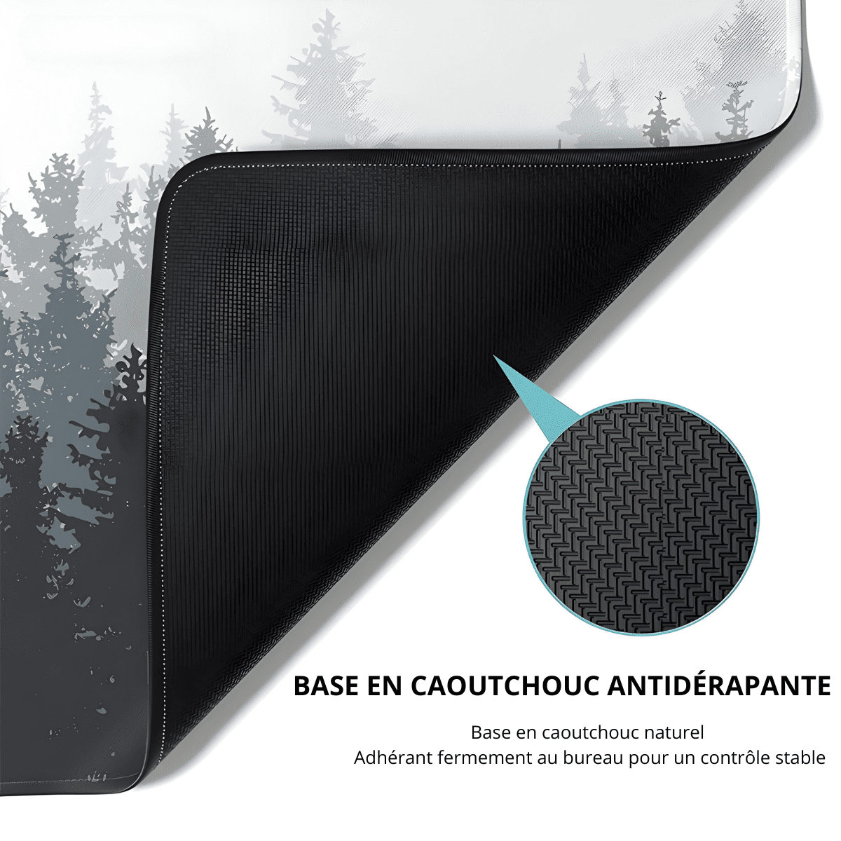 tapis de souris ergonomique avec motif de forêt en dégradé et vue rapprochée de la base en caoutchouc antidérapant noir