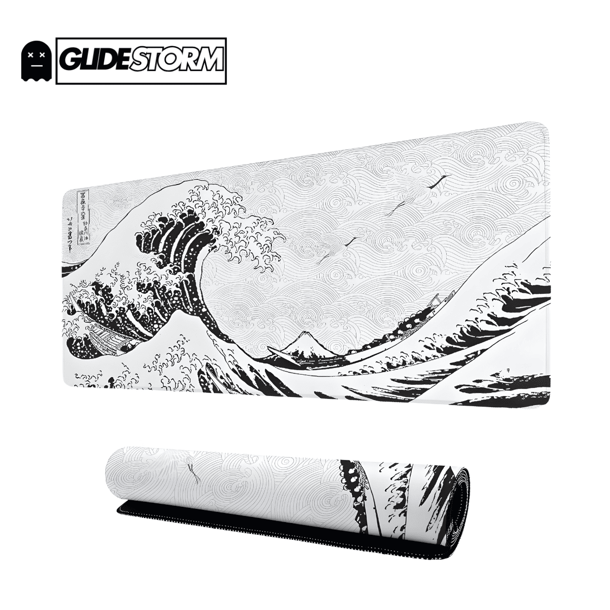 Tapis de souris Locus Gaming décor vague japonaise style Hokusai en noir et blanc, parfait pour setups créatifs ou gaming