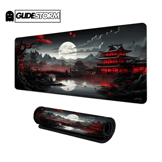 Tapis de souris Gaming XXL illustrant un paysage japonais nocturne rouge et noir, idéal pour précision et confort