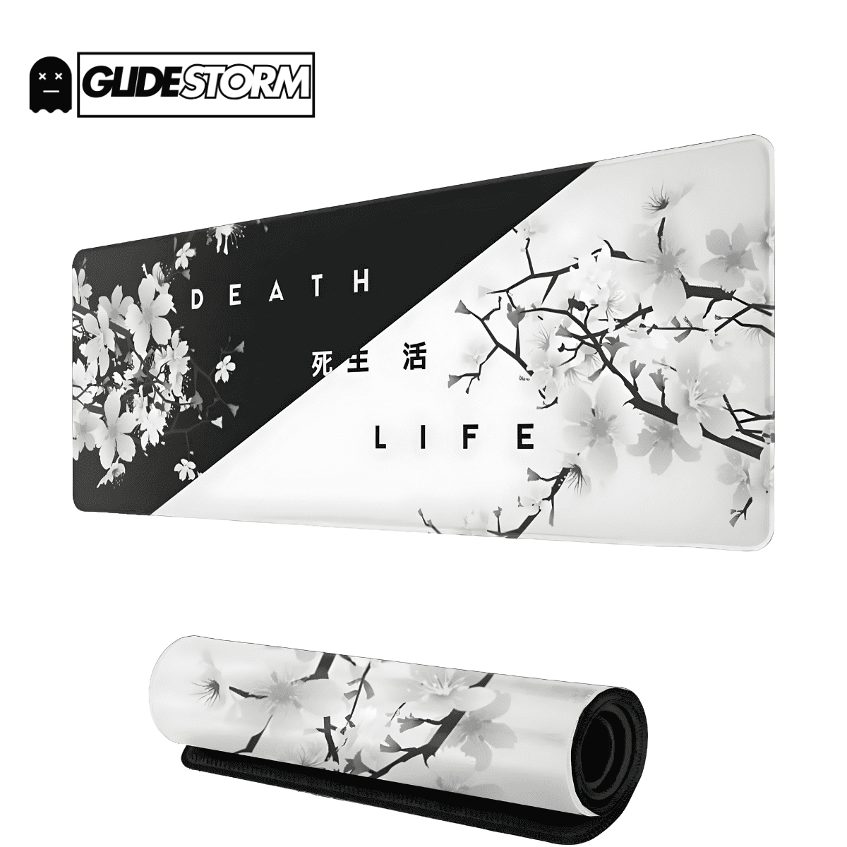 tapis de souris ergonomique avec design floral noir et blanc, texte death life et kanjis au centre, tapis roulé en bas