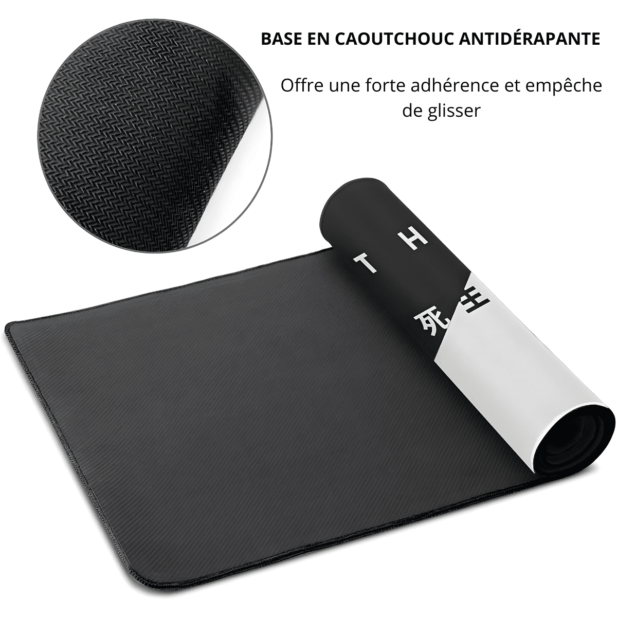 tapis de souris ergonomique avec base en caoutchouc antidérapant texturé et coin roulé montrant un motif noir et blanc