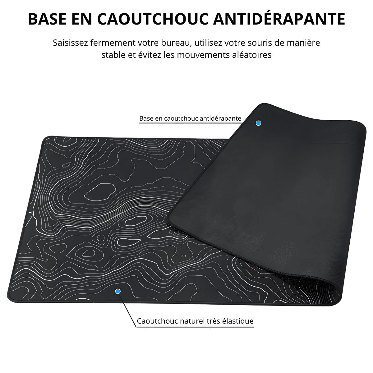 tapis de souris ergonomique noir avec lignes topographiques blanches et base en caoutchouc naturel antidérapant visible en coin relevé