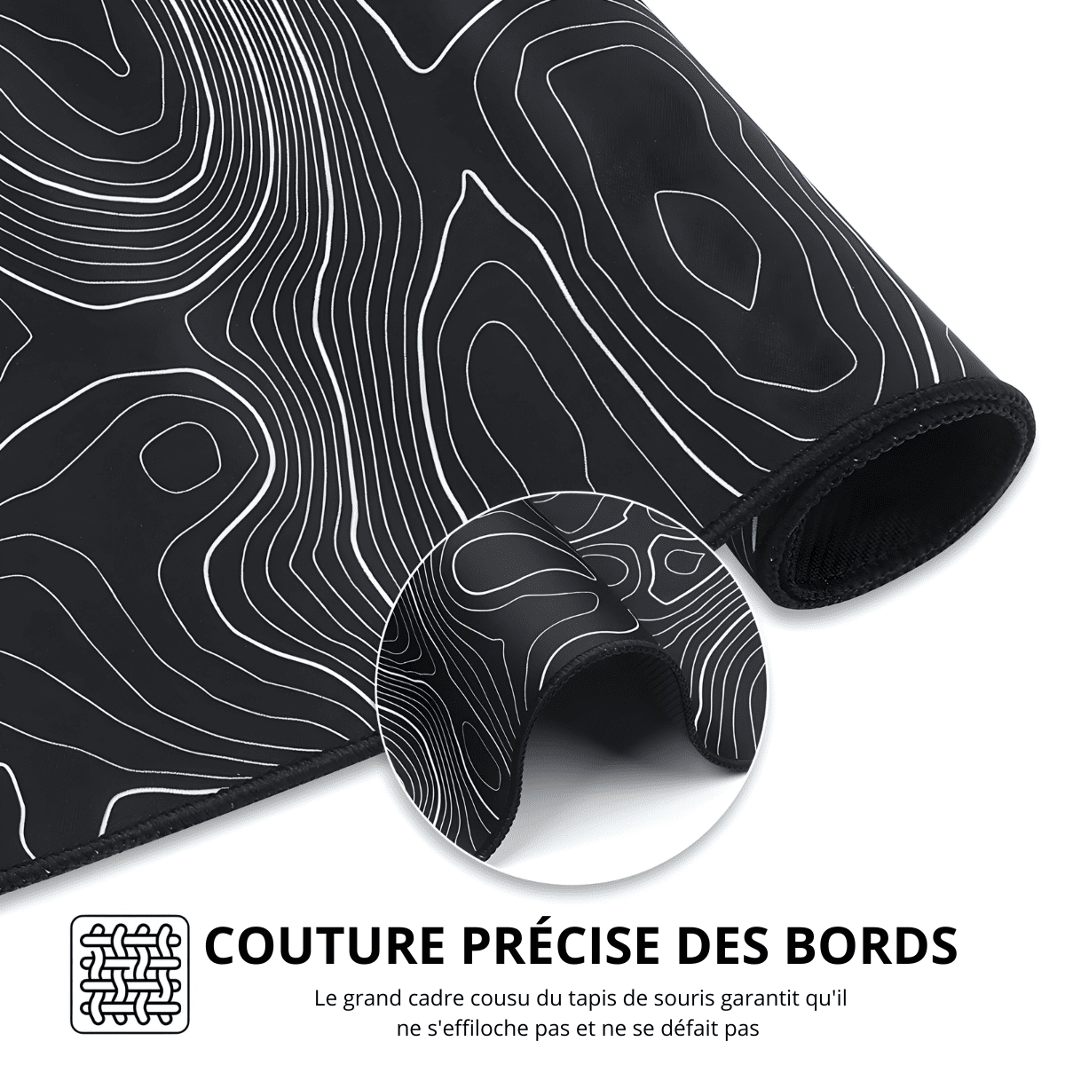 tapis de souris ergonomique noir avec lignes topographiques blanches et zoom sur couture renforcée des bords en gros plan