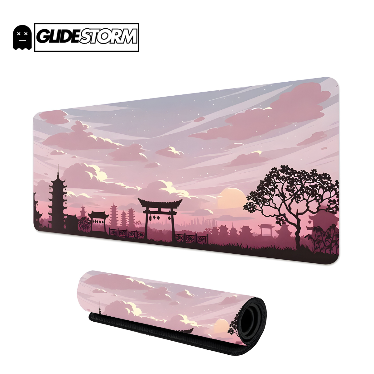 Tapis de souris Rose Gaming décor paysage asiatique, pagode, torii et ciel nuageux pastel, idéal pour bureau ou gaming