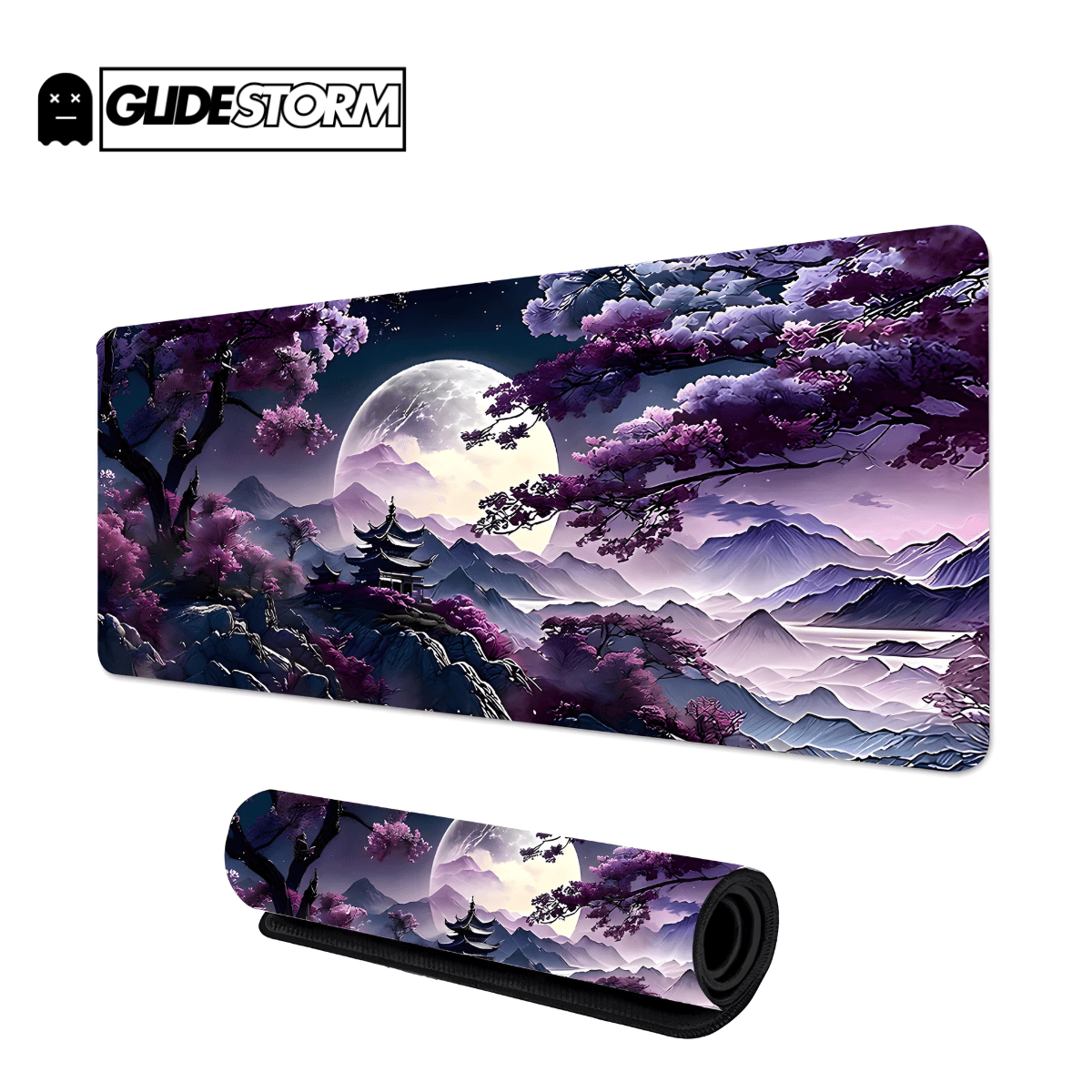 Tapis de souris Violet Gaming décor paysage asiatique, pagode, montagnes et arbres violets sous pleine lune, style artistique