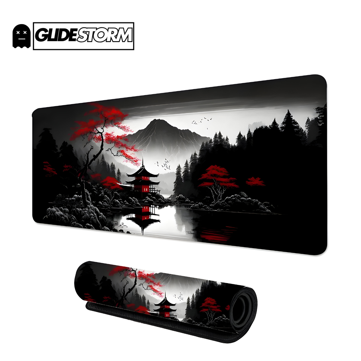 Tapis de souris Japonais Gaming décor pagode rouge, montagnes sombres et arbres rouges