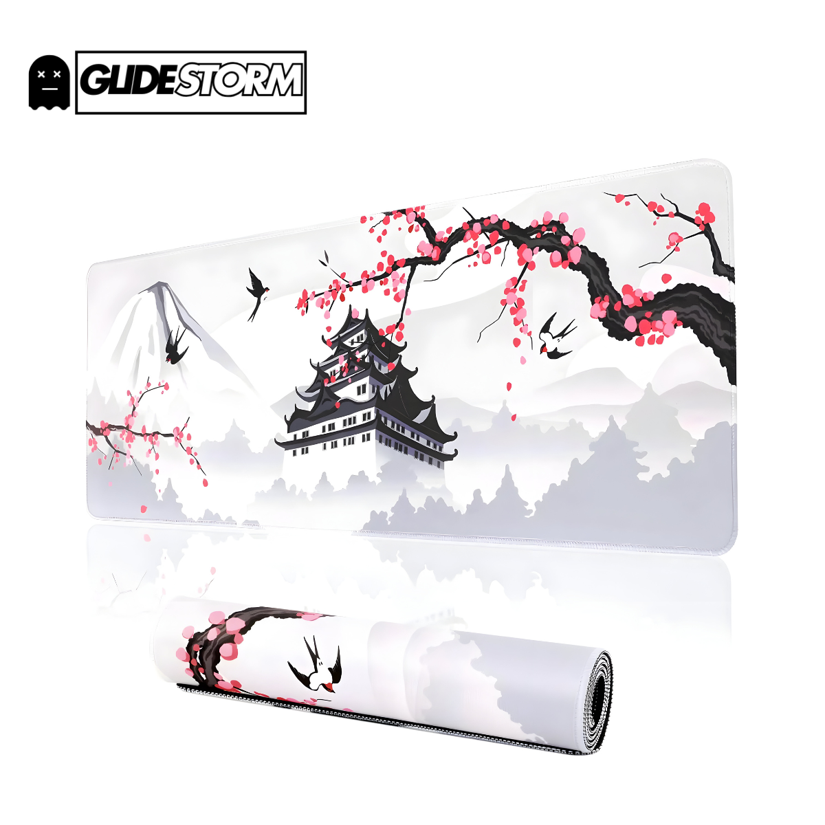 Tapis de souris Gaming décor château asiatique, branches fleuries rouges, oiseaux et montagnes, surface lisse idéale pour joueurs