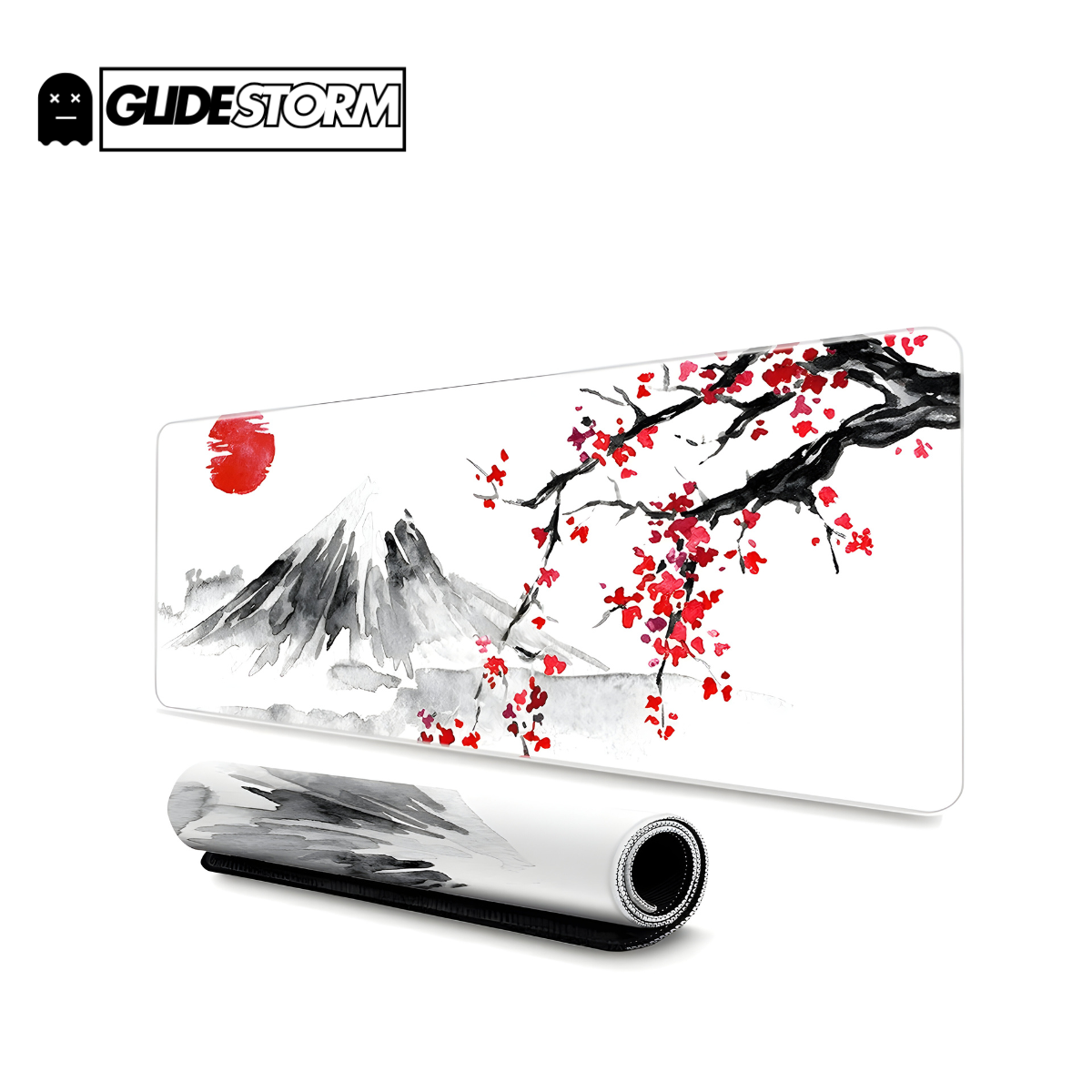 Tapis de souris Gaming Blanc décor montagne noire, soleil rouge et branches fleuries rouges, surface lisse idéale pour joueurs