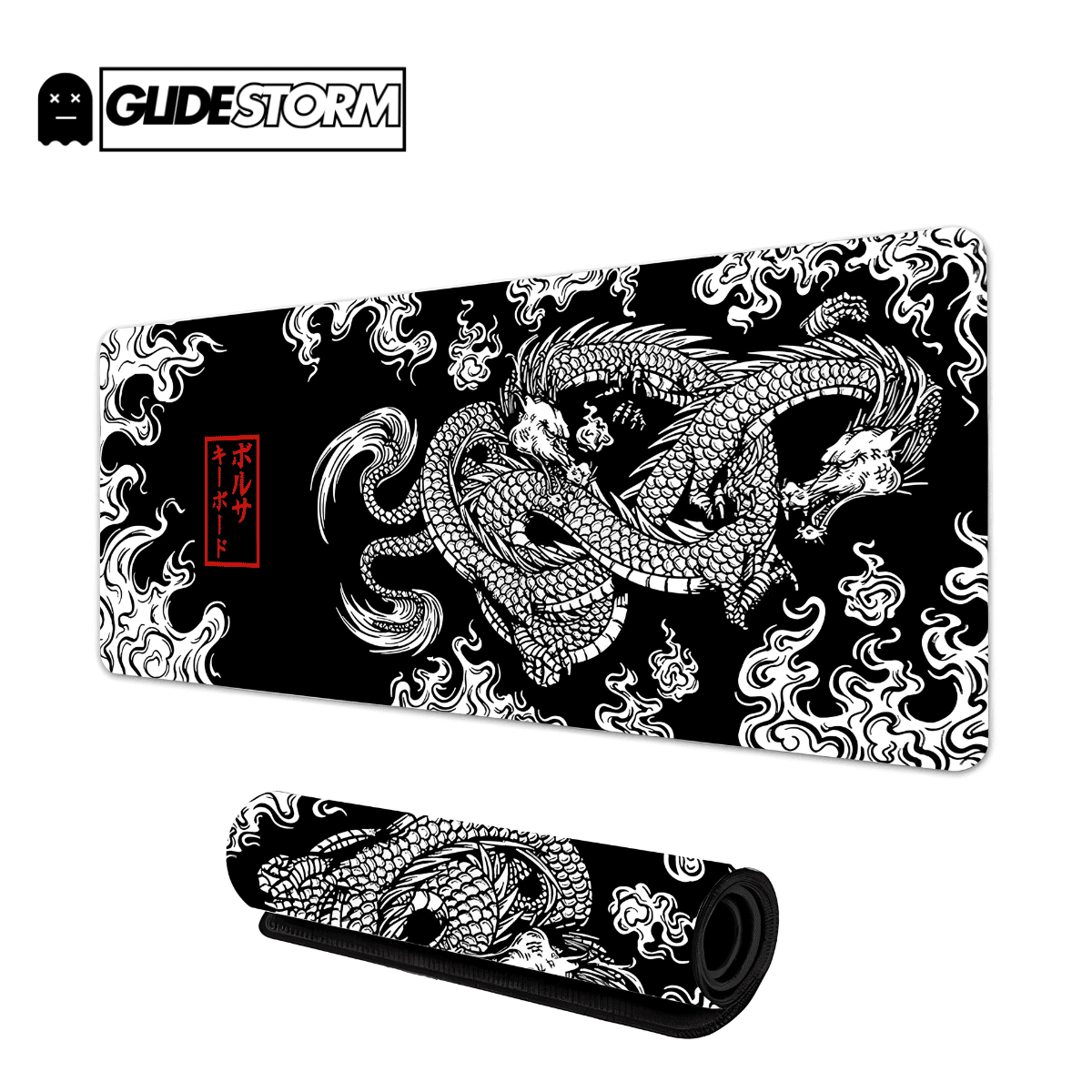 Tapis de souris Dragon Gaming noir décor dragon blanc stylisé, motifs de flammes, style asiatique puissant et moderne