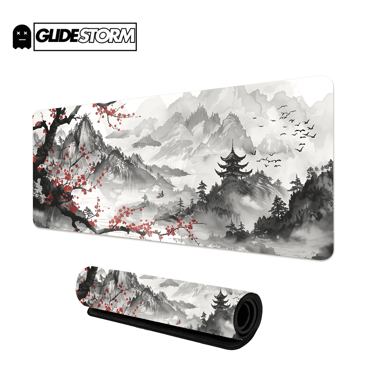 Tapis de souris Japon Gaming décor montagnes en noir et blanc, pagode et branches fleuries rouges, style asiatique élégant