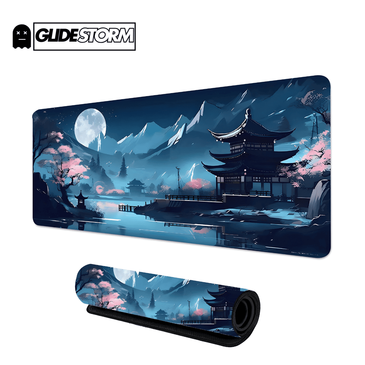 Tapis de souris Bleu Gaming décor pagode, montagnes et fleurs roses sous lune