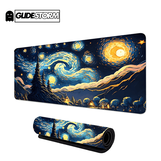 Tapis de souris Gaming décor style Van Gogh ciel étoilé bleu et jaune, parfait pour un bureau artistique et immersif