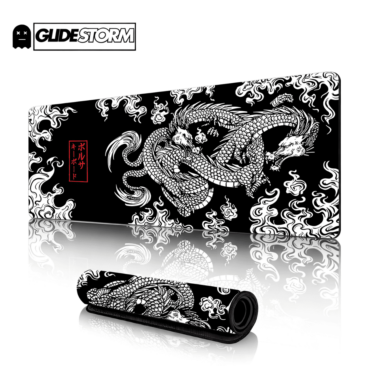 Tapis de souris dragon Mugen avec illustration japonaise en noir et blanc, dragon stylisé et motifs de flammes.