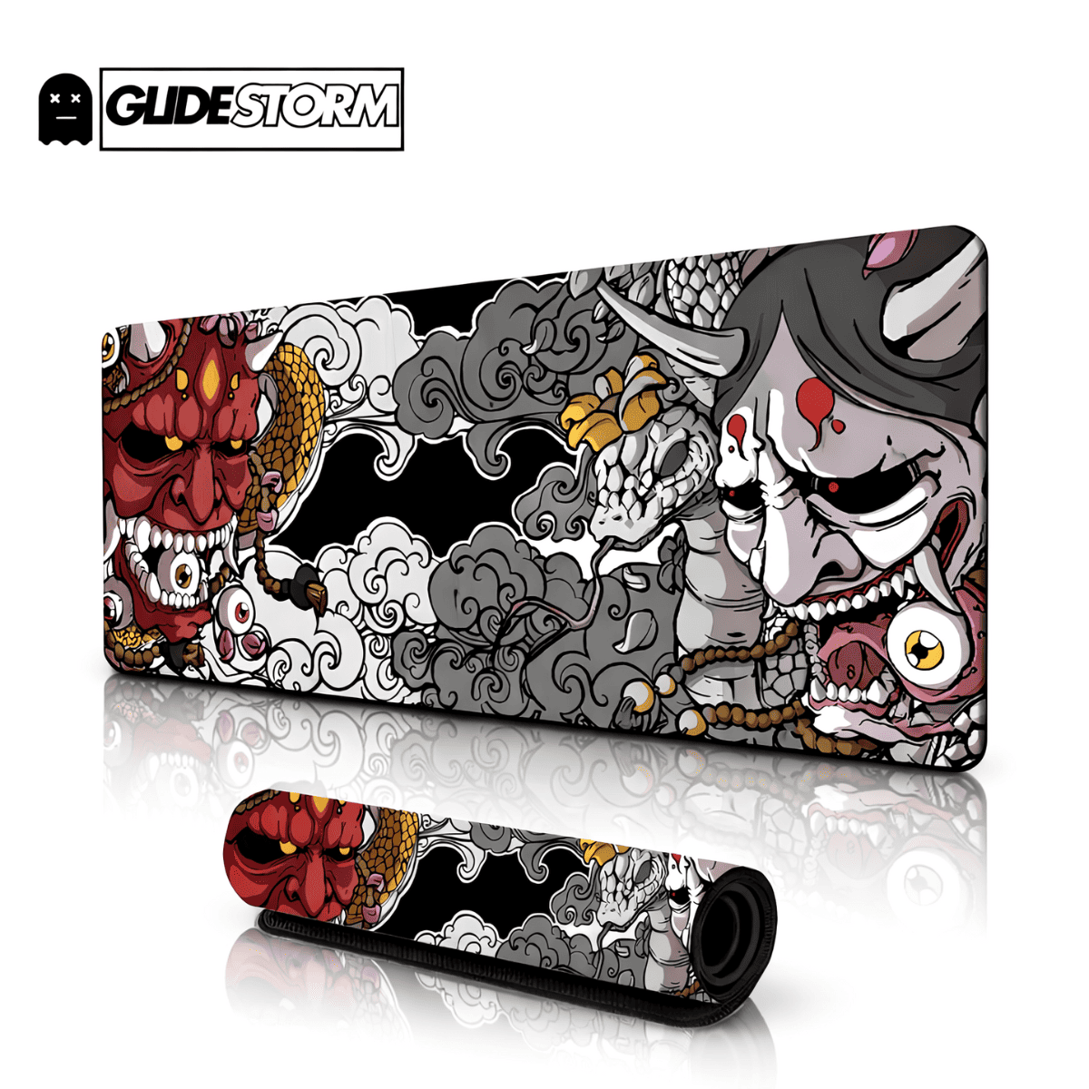 Tapis de souris geek Ghost avec illustration japonaise d’oni et de masques démoniaques, design coloré et détaillé.
