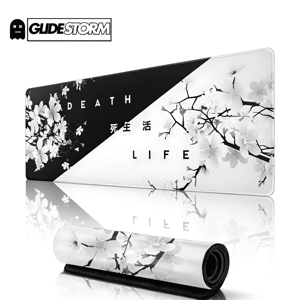 Tapis de souris noir et blanc DeathLife avec design contrasté, fleurs japonaises et typographie Death Life.