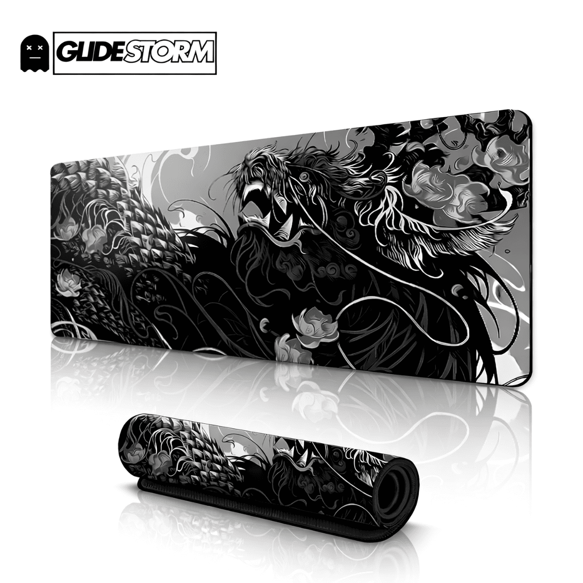 Tapis de souris Titanwolf avec illustration monochrome d’un loup rugissant, style sombre et puissant.
