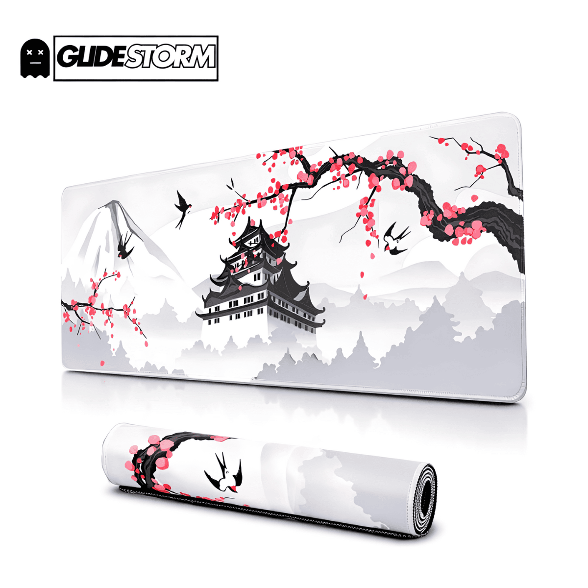 Tapis de souris gaming Kizuna avec illustration japonaise minimaliste, temple traditionnel, fleurs de cerisier et oiseaux